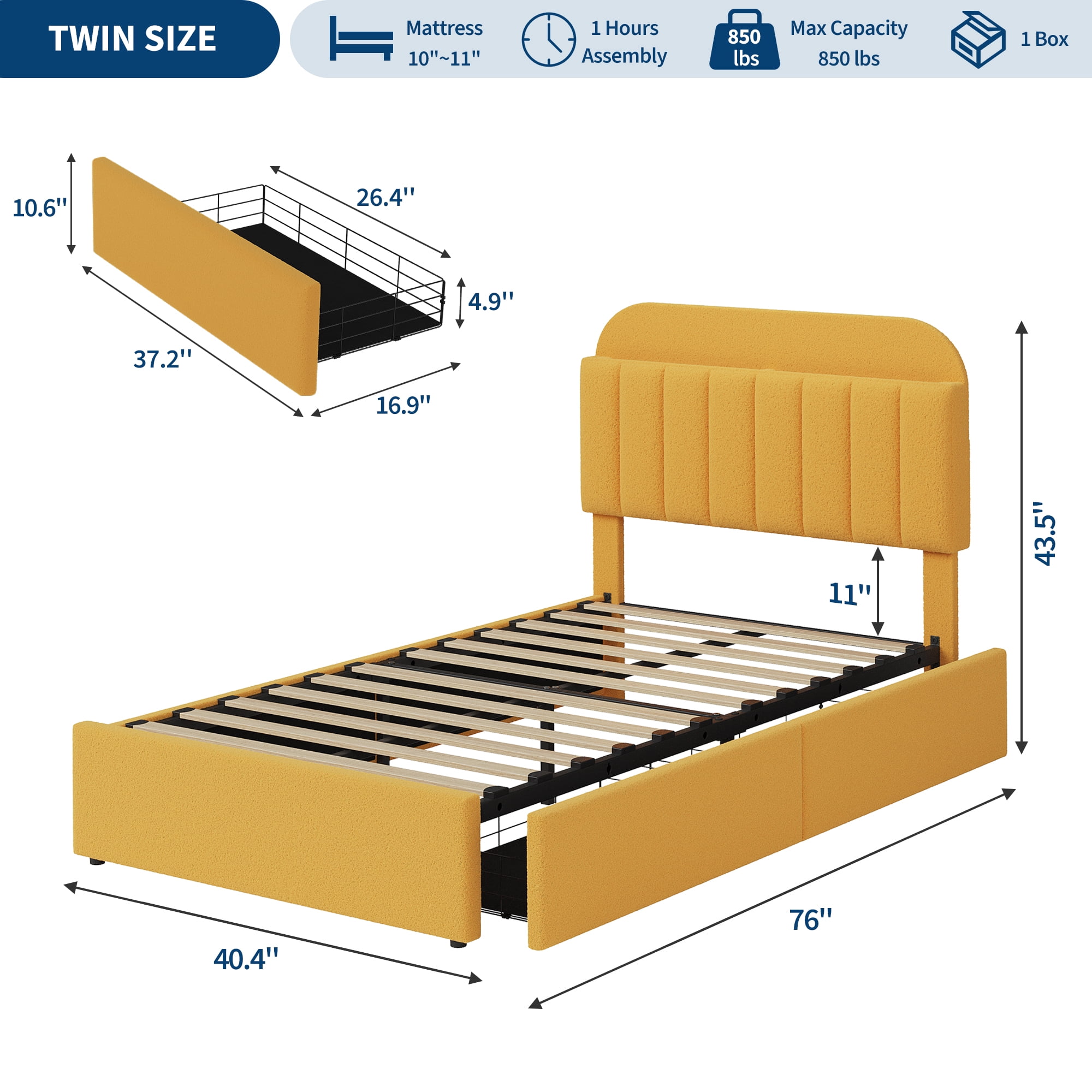 Twin Upholstered Platform Bed with Storage Headboard & Drawers – Boucle Bed Frame, Modern Design, No Box Spring Needed, Easy Assembly- Twin Size, Yellow
