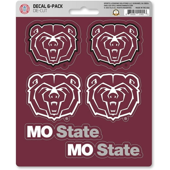 Missouri State University Bears 6-Piece Decal Sticker Set, 5x6 Inch Sheet, Gift for football fans for any hard surfaces around home, automotive, personal items