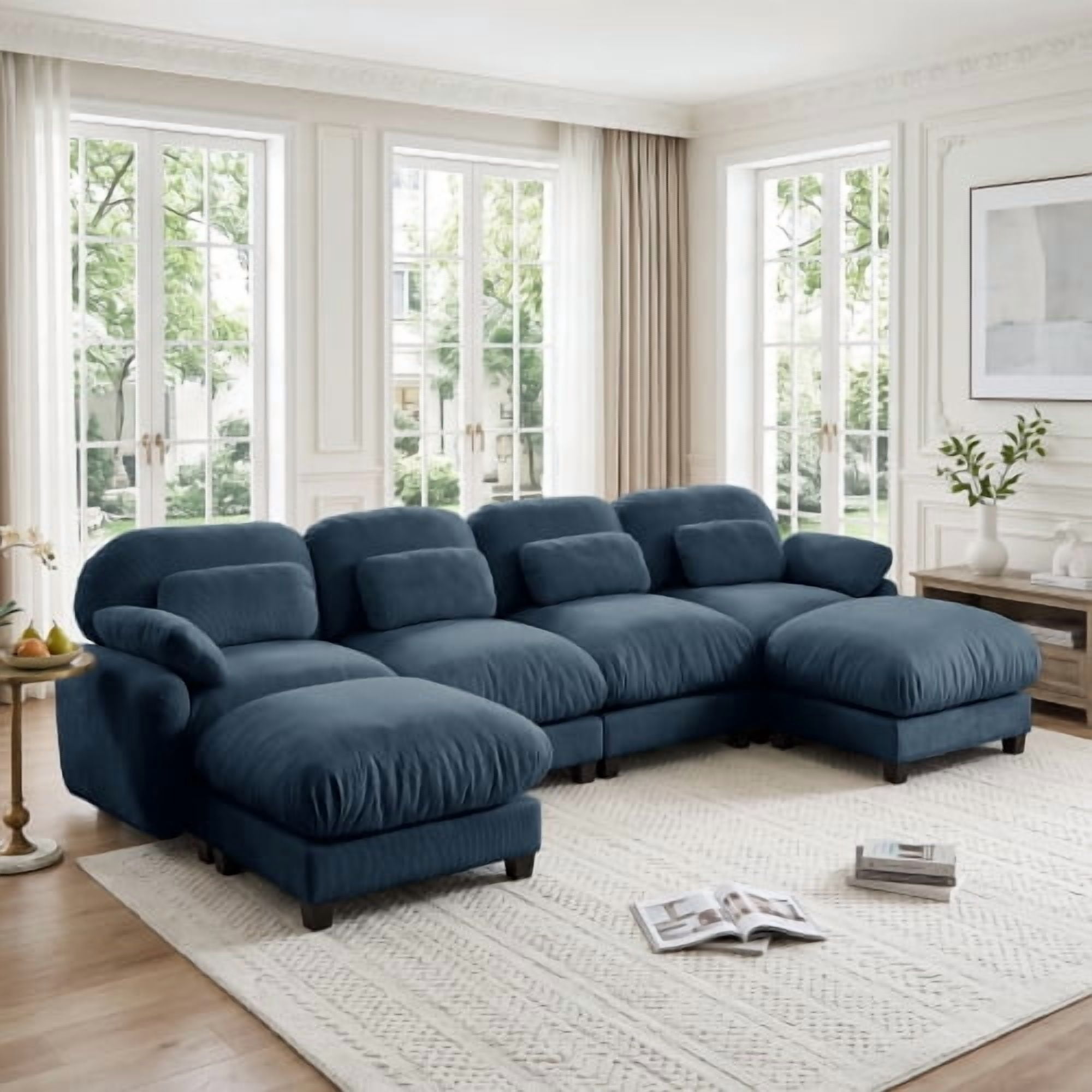136.2" U-Shaped Cloud Feel 4-Seater Sofa Set with 2 Removable Ottomans, Luxe Chenille Modular Sectional Couch, Extra Wide Deep Seat, Blue
