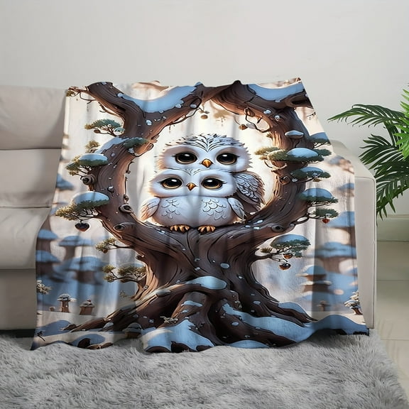Cozy Owl & Moon Star Print Flannel Throw Blanket Perfect Gift for Owl Enthusiasts Soft & Warm for Couch Bed Dorm Decor