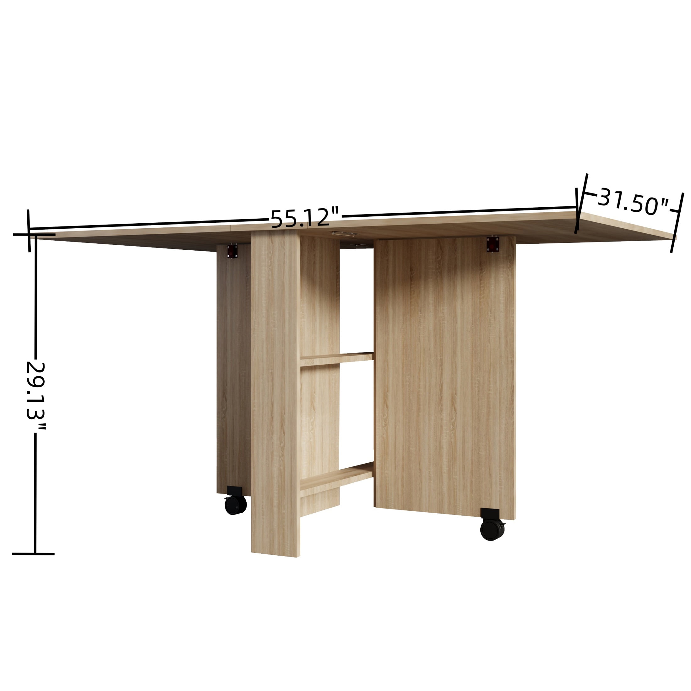 PORKISS Folding Dining Table, Space Saving Versatile Dining Room Table, Folding Kitchen Table with Wheels, Storage Shelf for Small Apartment, Wood (Only Table)
