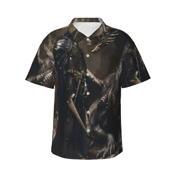 Fotbe Medieval Knight And Dragon Camisa Hawaiana para Hombre Unisex – Camisa Casual de Verano con Botones de Manga Corta de Algodón y Lino,Large