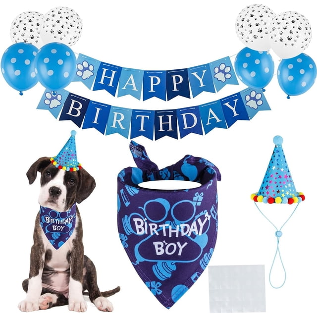 Bandana de cumpleaños para perros, sombrero de cumpleaños para perros, bufandas, globo de bandera con lindos suministros para fiestas de cumpleaños para perros, decoraciones (juego de 11 pie