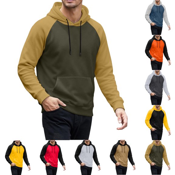 Men's Colorblock Pullover Hoodies Soft Loose Fit Long Sleeve Drawstring Hooded Spring and Fall Casual Sweatshirts with Pockets Orange L