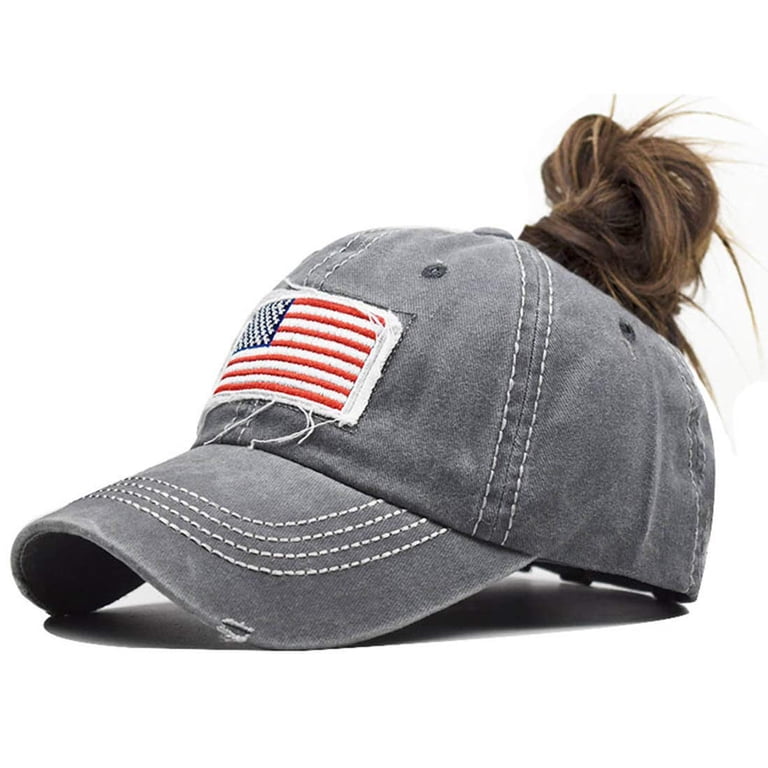 Distressed Ponytail Hat for Women American-Flag Pony Tail 