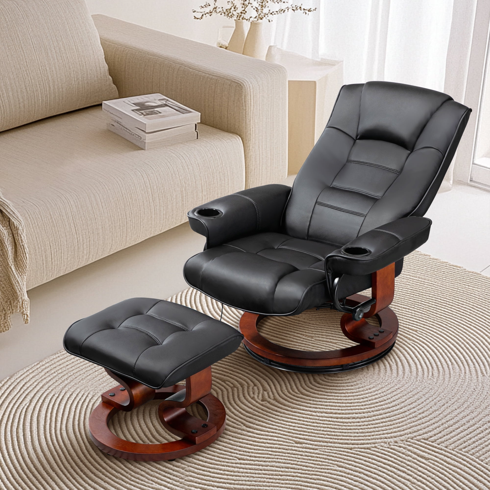 AVAWING 8 Point Vibration Massage Recliner Chair w/ Ottoman, Swivel Reclining Chair, Indoor, Black