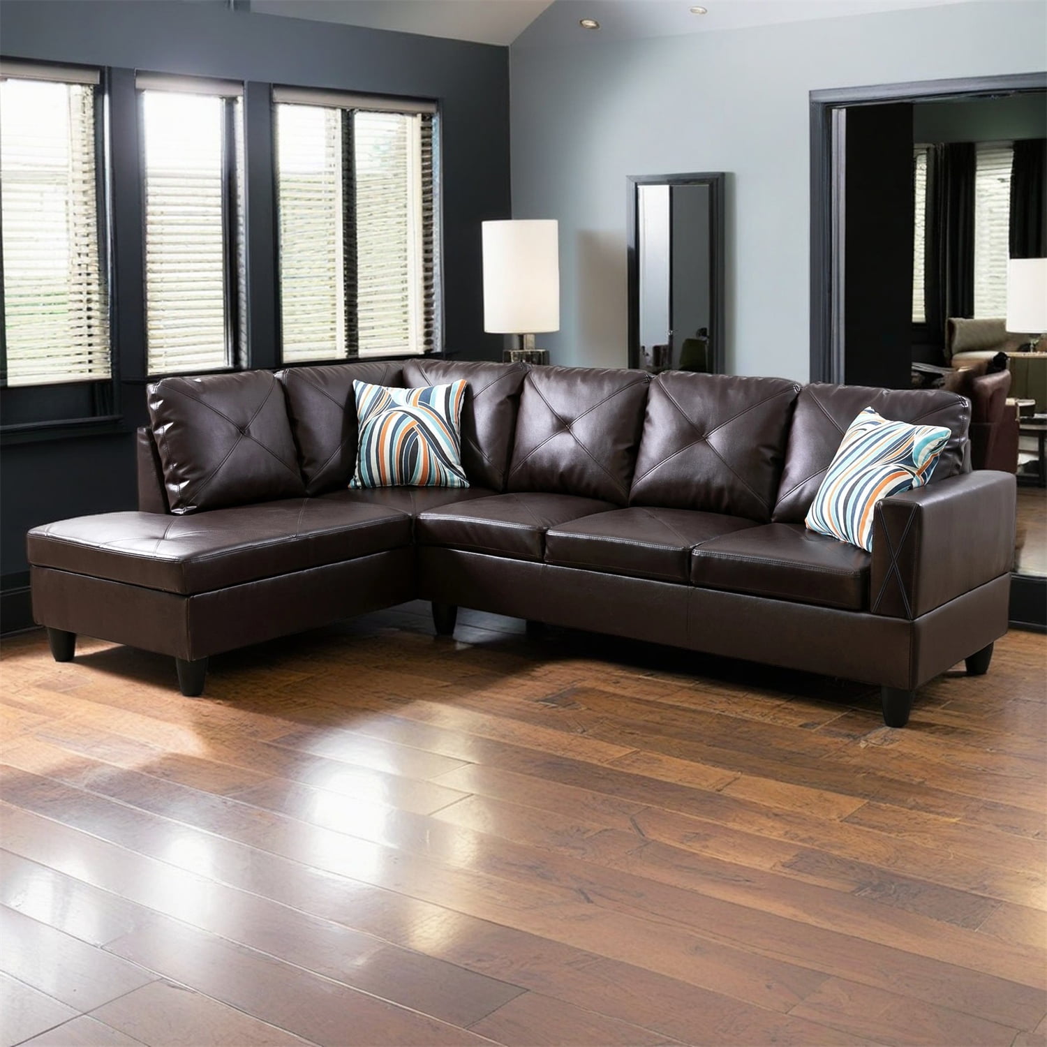 Hommoo Faux Leather Sectional Sofa, 4-Seat L-Shaped Couch, Modern Indoor Living Room Furniture, Apartment, Office, Brown(Without Ottoman)