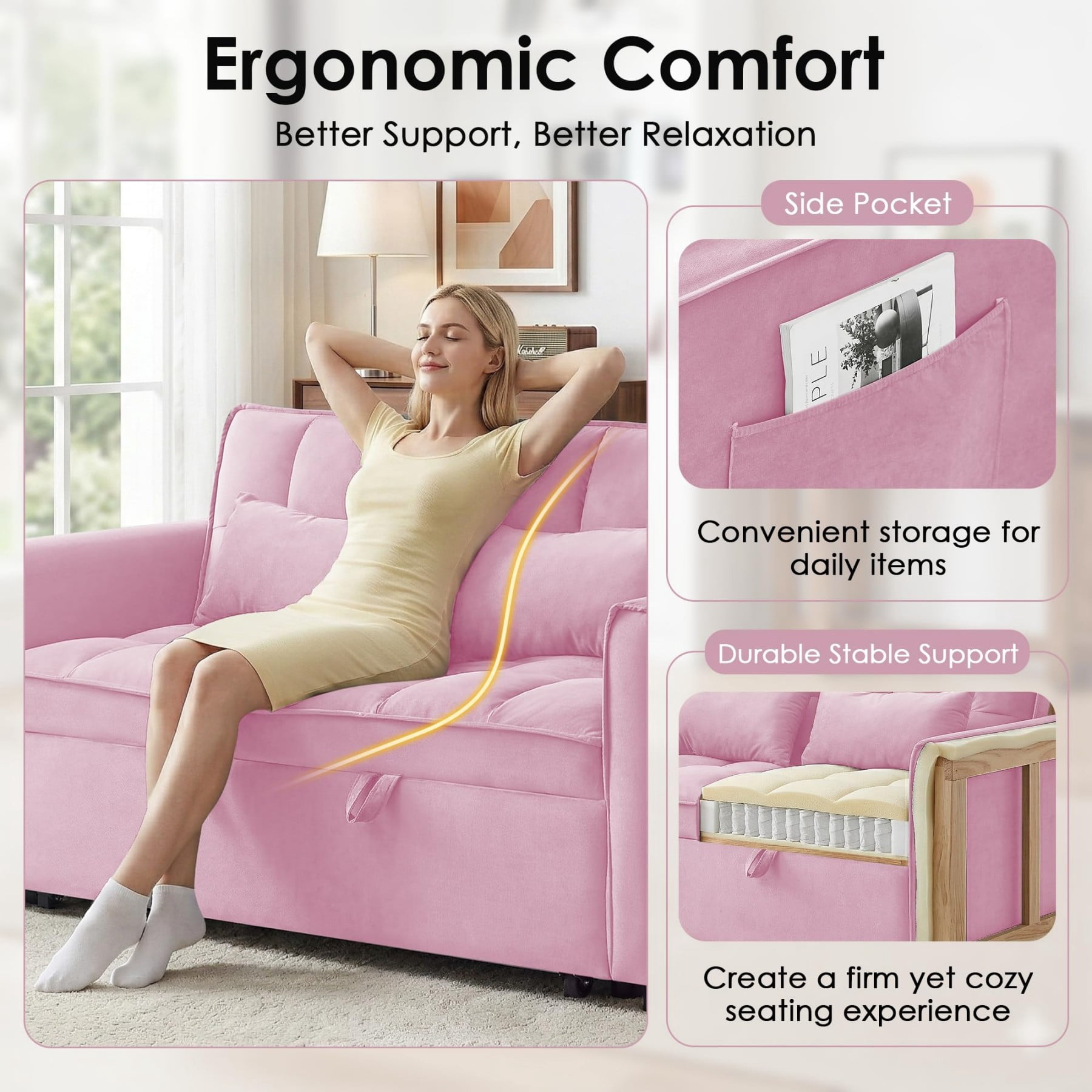 54" 3 in 1 Convertible Velvet Sofa Bed, 3 Position Foldable Sleeper Couch with Adjustable Backrest & Pillows, Pink
