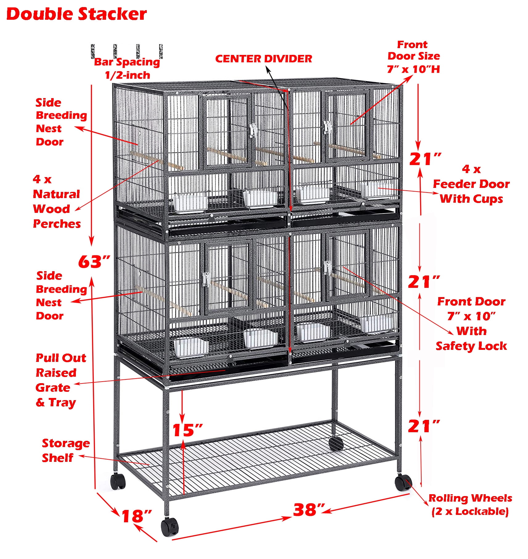 Double Stacker With Center Divider Breeder Breeding Bird Flight Rolling Cage With Side Breeding Nest Doors for Aviaries Canaries Cockatiels Lovebirds Finches Budgies Small Parrots