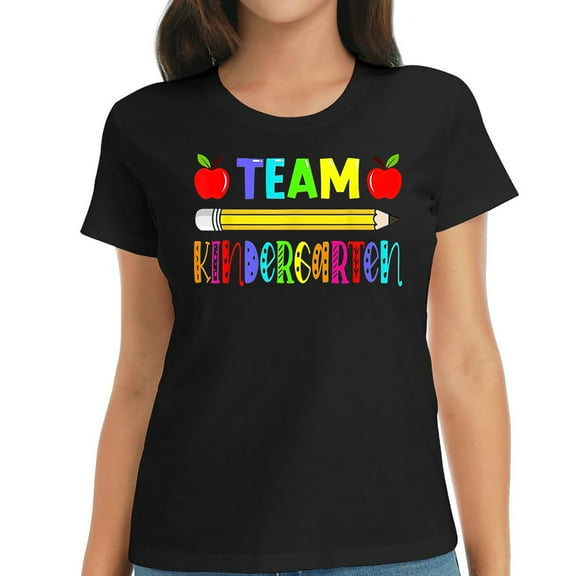 Team Kindergarten Teacher Student Back To School Trendy Women's Graphic Tee with Unique Design - Womens Tops Black S