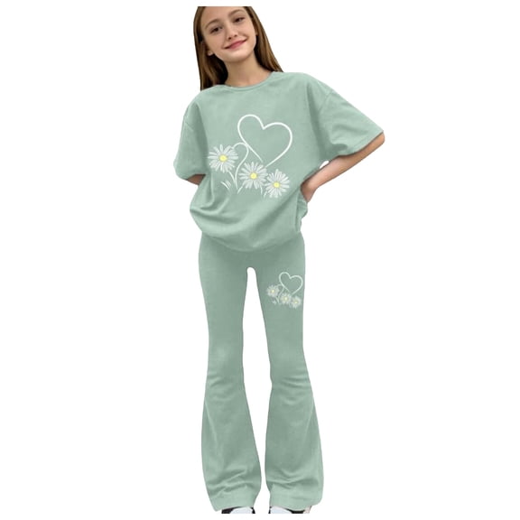 2 Piece Teen Girls Summer Outfits Kids Heart Applique Baggy Short Sleeve T-Shirts Flare Pants Trendy Clothes Sets Kids Two Piece Outfits Girls
