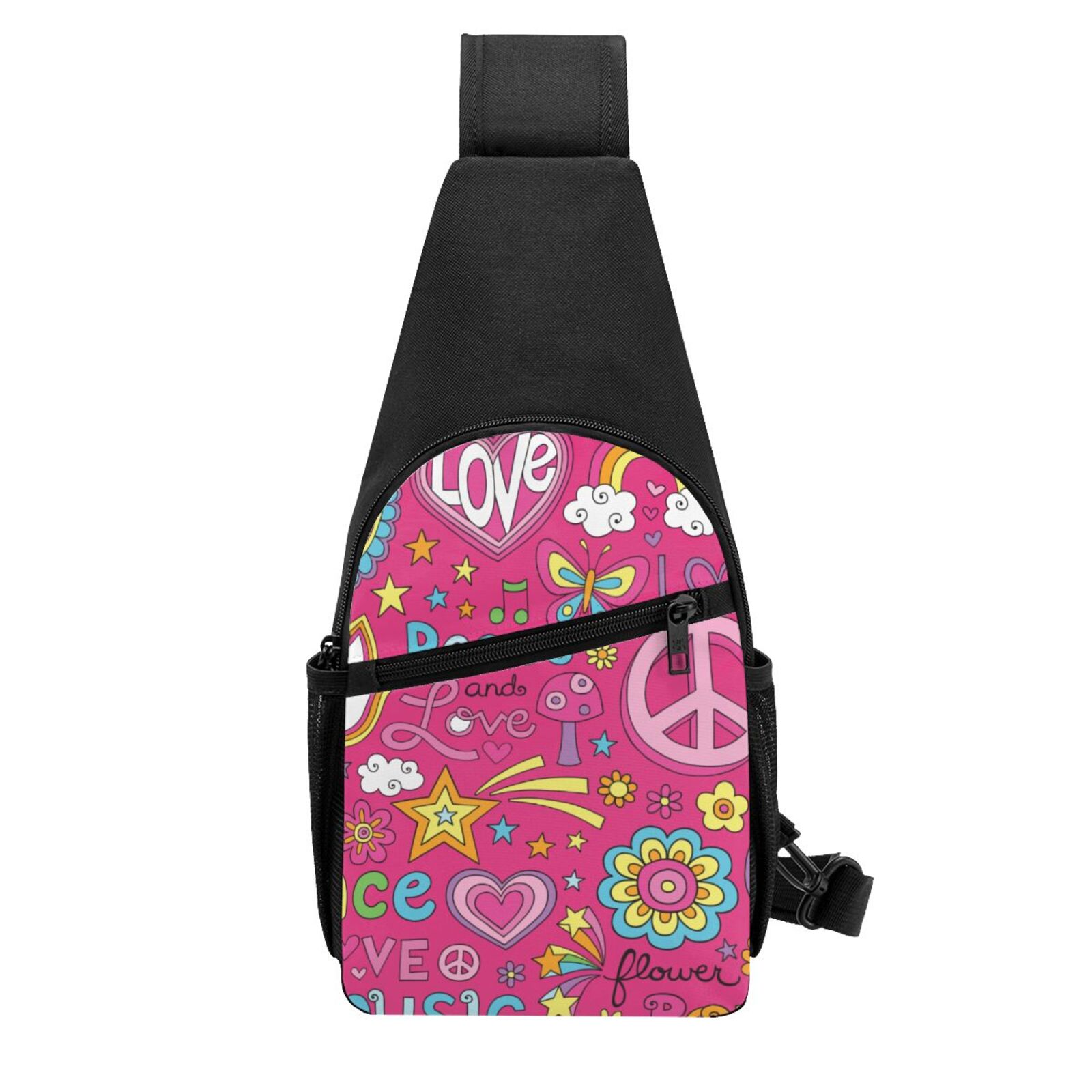 Xecao's Peace Love and Dove Flower Power Print Sling Bag: A Versatile Chest, Shoulder, and Crossbody Backpack for Casual Days Out, Perfect for Both Men and Women