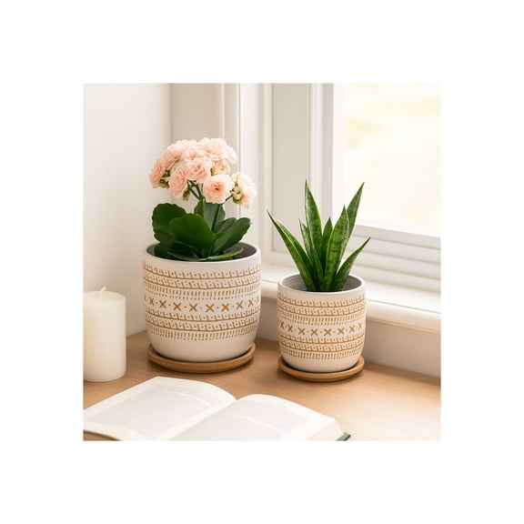 Contemporary Ceramic Flower Pots for Home Decor - Patterned Planters and Pots for Plants with Coordinating Saucer - Decorative Planters for Indoor Plants and Outdoor Use - Set of 2, 8", 6", Brown