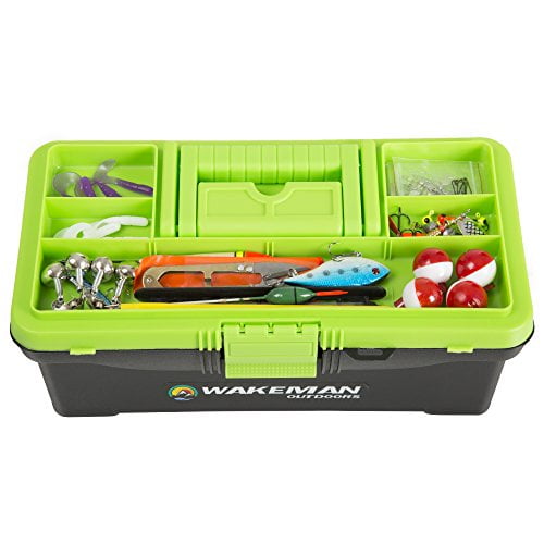 Fishing Single Tray Tackle Box- 55 Piece Tackle Gear Kit Includes Sinkers,  Hooks Lures Bobbers Swivels and Fishing Line By Wakeman Outdoors Lime Green  
