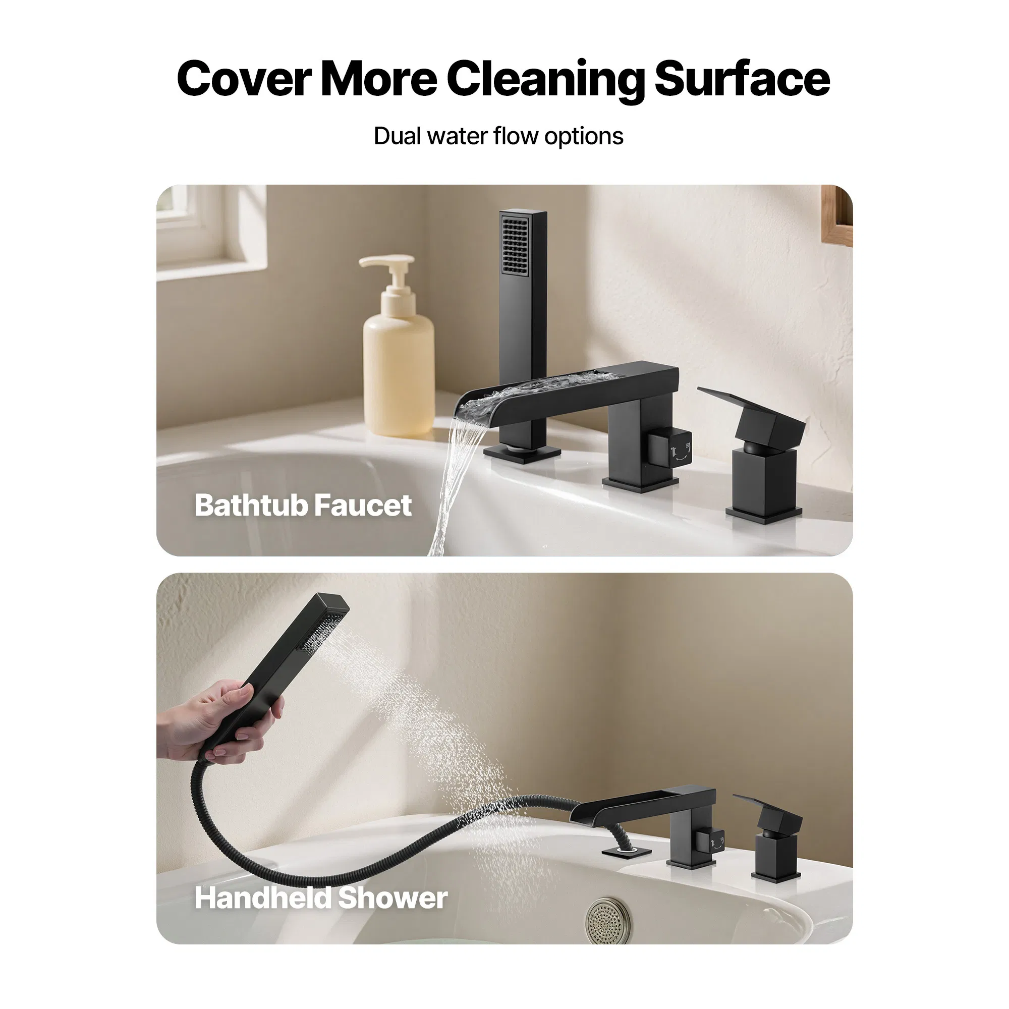 Widespread Roman Tub Faucet with Waterfall Design,Shower Head and Single Handle,Matte Black Bathtub Faucets Ideal for Pet Washing and Adult Bathing