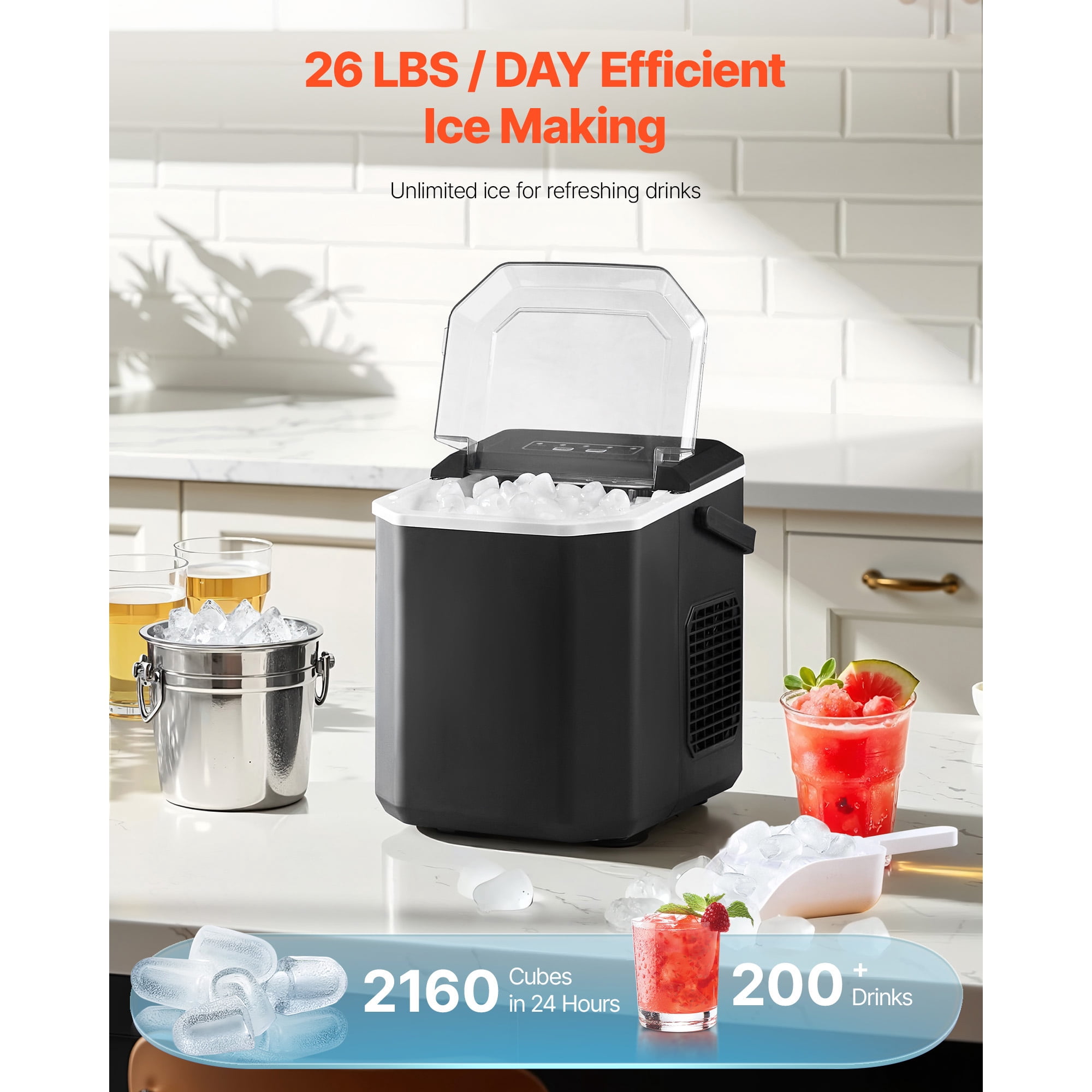KFFKFF Countertop Ice Maker, Produces 9 Ice Cubes in 6 Minutes, 26lbs Daily Capacity, Portable Ice Machine with Self-Cleaning Function, Includes Ice Scoop and Basket, Offers Two Sizes of Bullet Ice