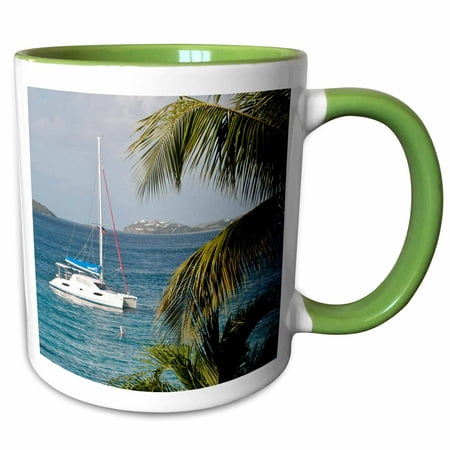 3dRose USVI, St John. Catamaran boat moored in Cruz Bay - CA37 TDR0008 - Trish Drury - Two Tone Green Mug,