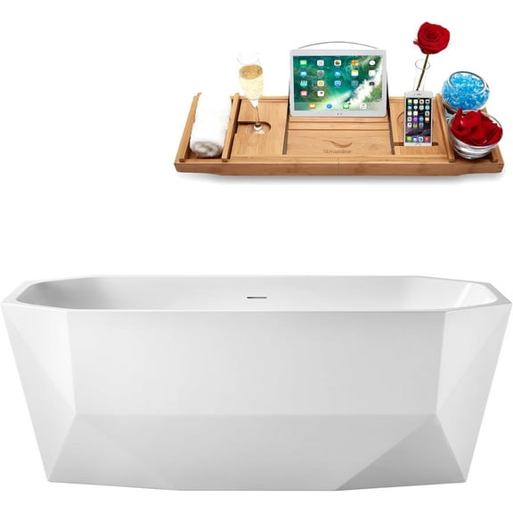 63" Streamline G-45-208-CH Soaking Glossy White Freestanding Tub and Tray With Internal Drain in Polished Chrome