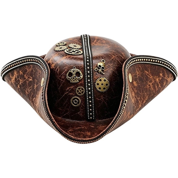 Byfri Pirate Tricorn Hat Brown PU Leather 56-58cm Vintage Style for Themed Events Parties