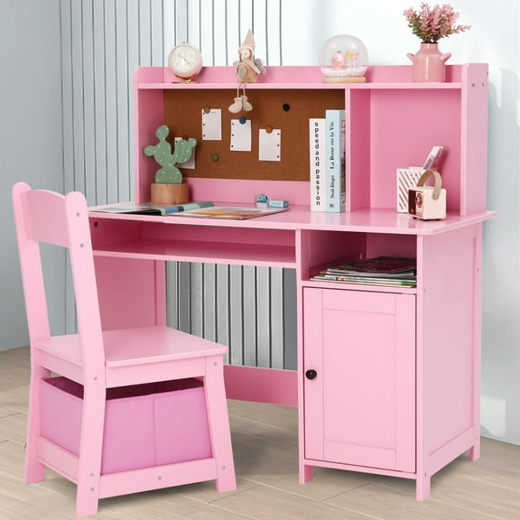 JOYLDIAS Toddler Kids Study Desk & Chair Set Wooden Writing Table with Shelf,Bulletin Board,Storage Bin(Pink)