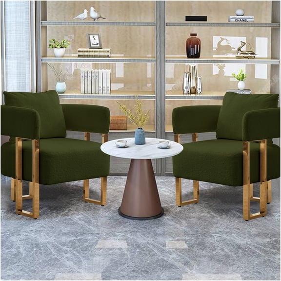JERFIT Modern Accent Chair with Gold Metal Legs, Plush Teddy Fabric Upholstered Armchair for Living Room, Office, Dressing Area Green