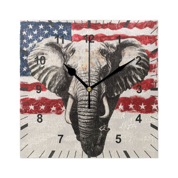 Us Flag and Elephant Wall Clock Battery Operated Silent Non-Ticking Bedroom Office Kitchen Home School Decor 7.8"(Black)