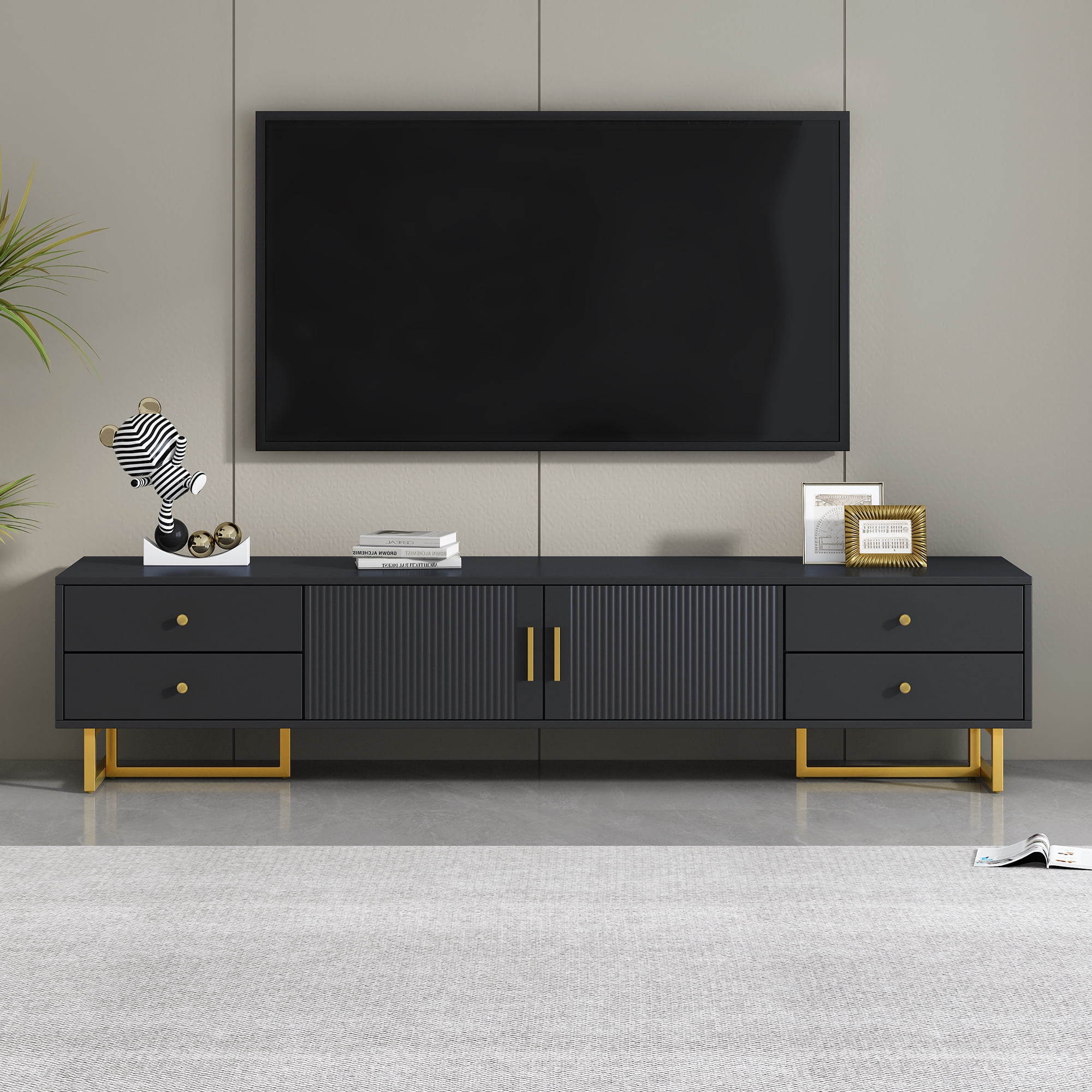 Euroco Modern TV Stand with Wave Groove Cabinet Doors, 4 Drawers, and Metal T-Frame