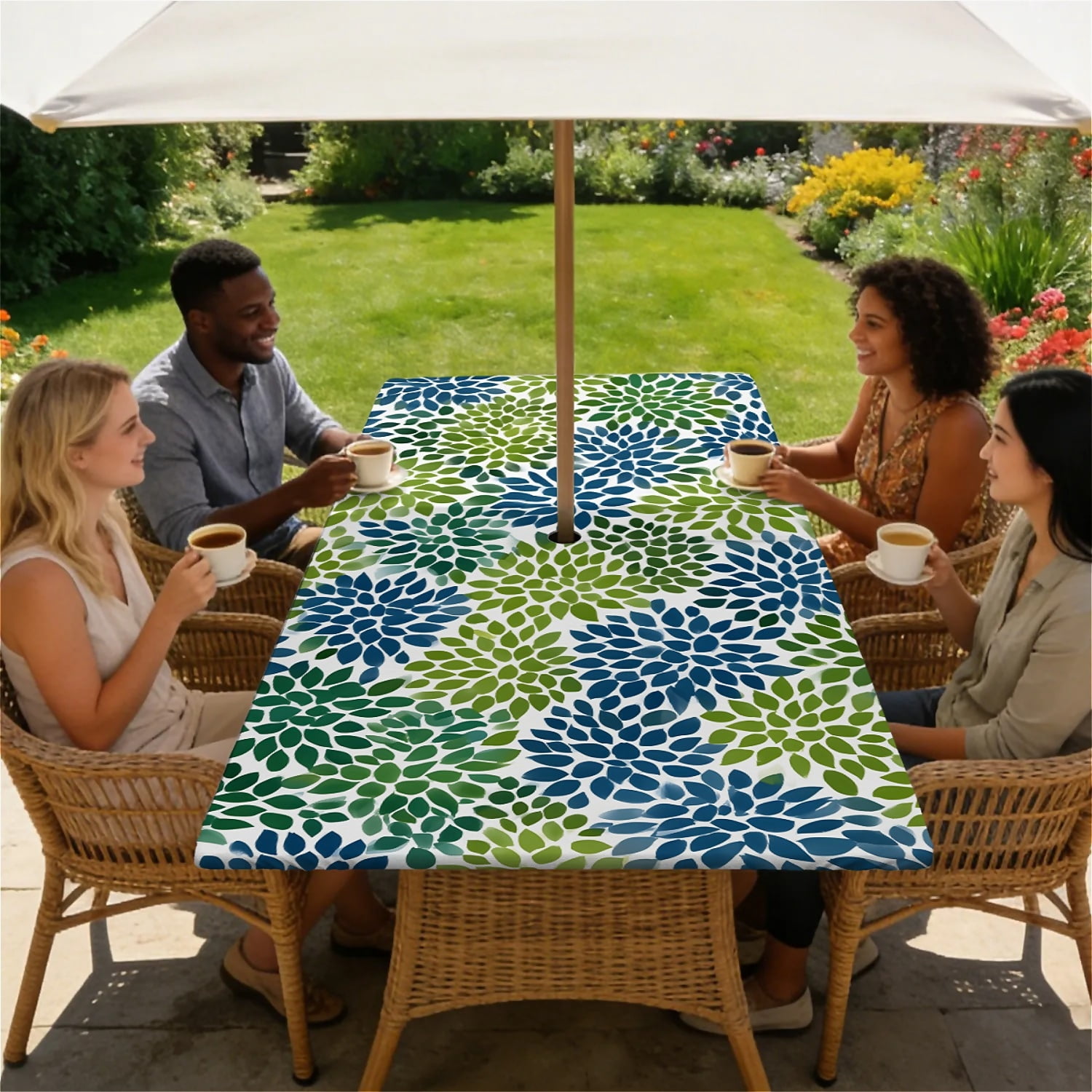 Rectangle Outdoor Tablecloth with Umbrella Hole and Zipper Waterproof Rectangle Fitted Tablecloth with Elastic Edge, Wipeable Outdoor Table Cover for Patio, Garden, Picnic