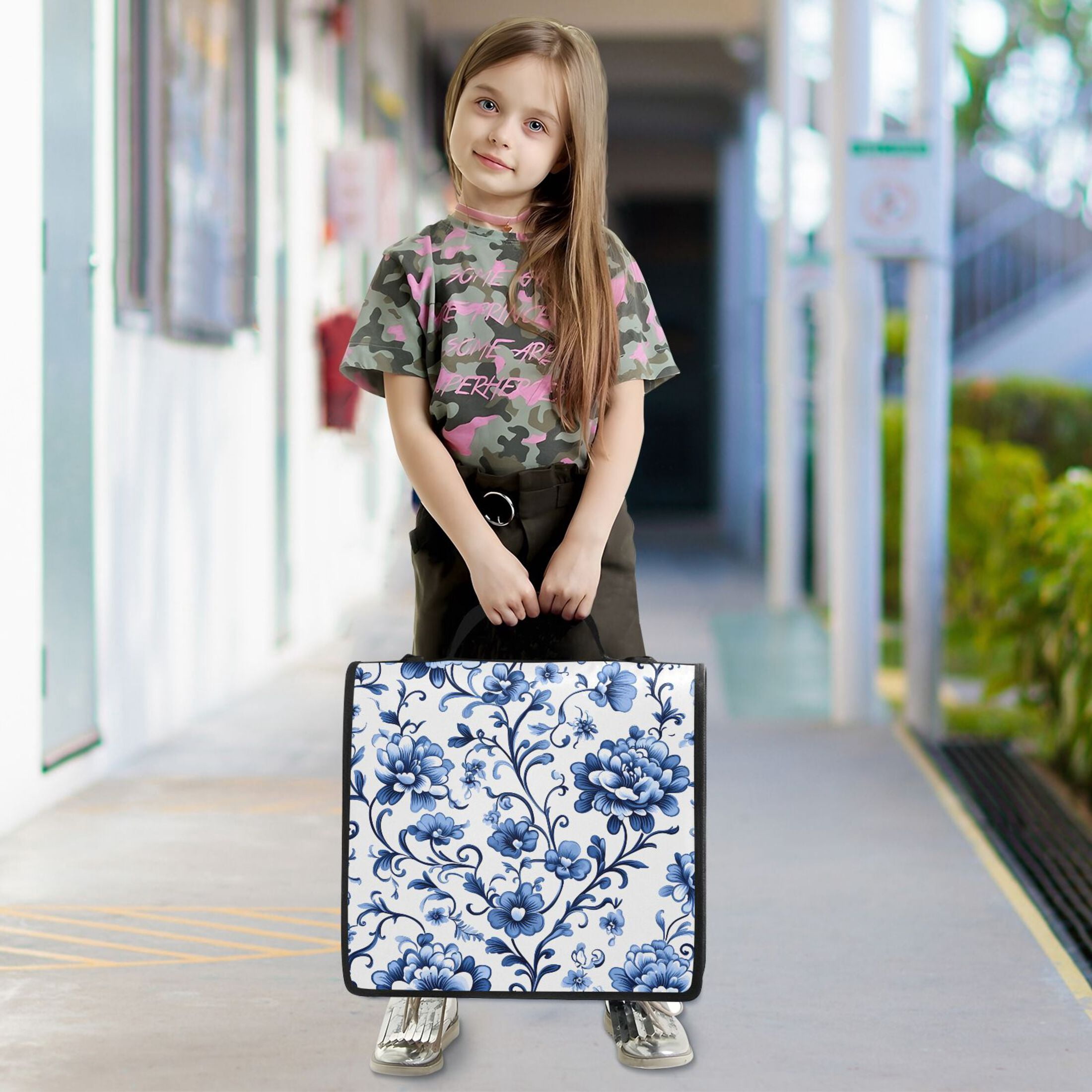 3 Ring Zipper Binder with Shoulder Strap Waterproof Trapper Keeper 1.5 Inch D-Ring 500 Sheets Capacity Floral with Blue Flowers