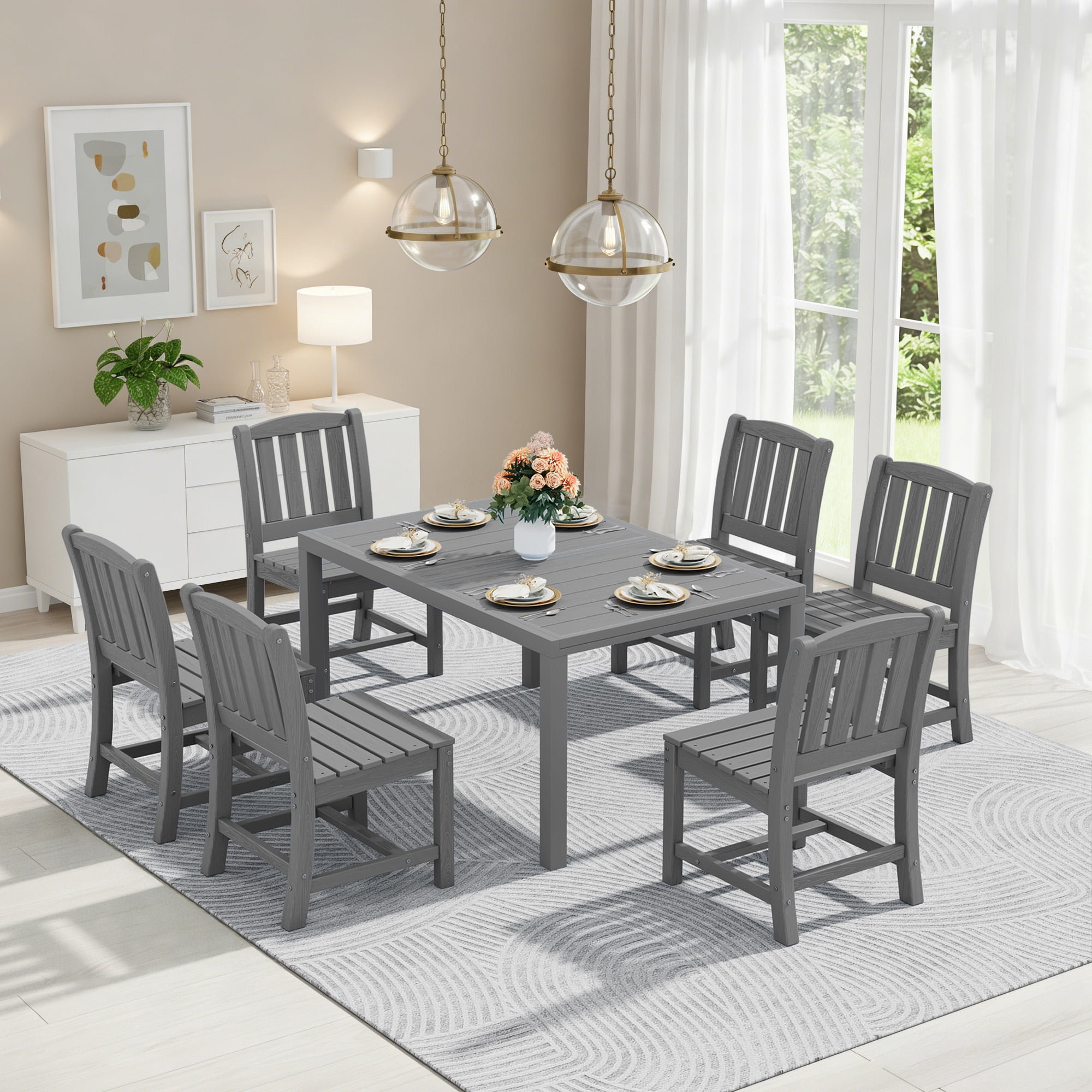 SERWALL 7-Piece Outdoor Dining Set with Expandable Patio Dining Table and 6 Chairs, 60–83 Inch All-Weather HDPE Patio Furniture Sets for Backyard, Garden, Deck, Poolside - Gray