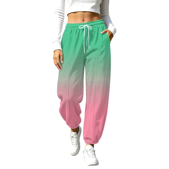 Xdegoge Sweatpants Women Ombre Casual Joggers High Waisted Athletic Fleece Lined Pants with Pockets Drawstring Loose Fit Workout Activewear Novelty Color Block