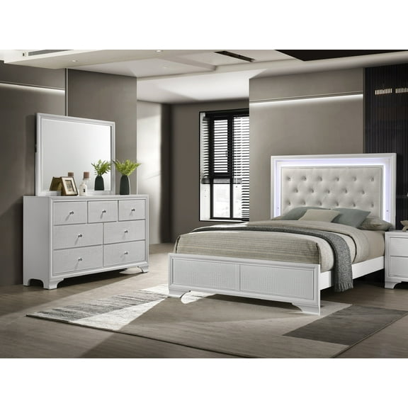 3pc Modern Crisp White Tufted Headboard LED Queen Size Bed Dresser Mirror Set