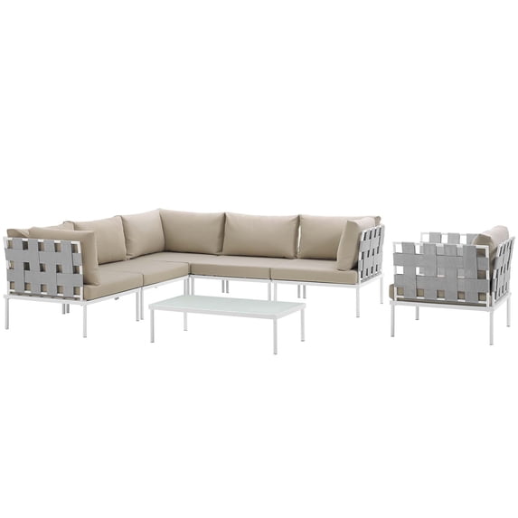 Modern Contemporary Urban Design Outdoor Patio Balcony Seven PCS Sectional Sofa Set, Beige White, Rattan