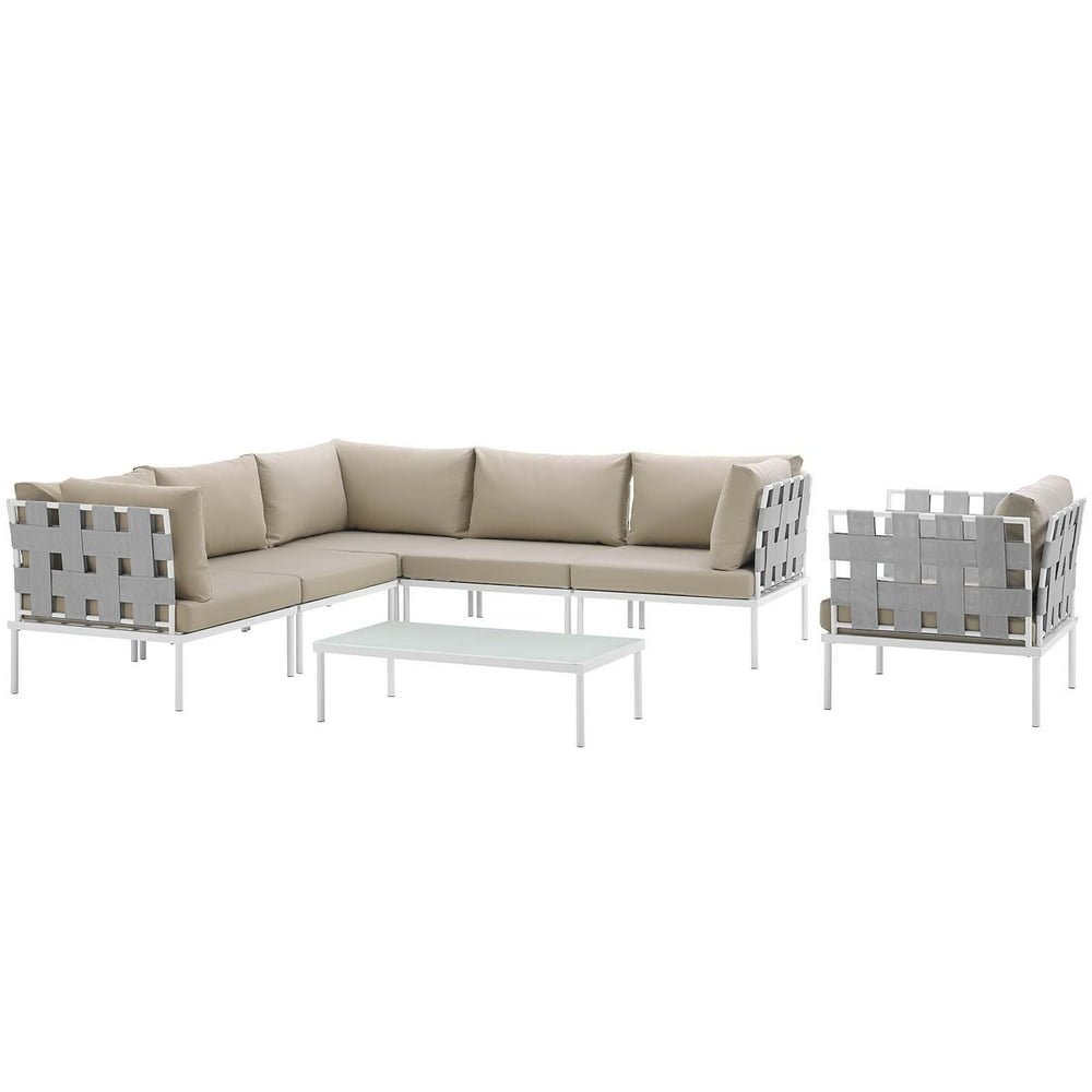 Modern Contemporary Urban Design Outdoor Patio Balcony Seven PCS Sectional Sofa Set, Beige White 