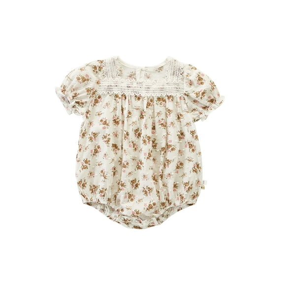 Seyurigaoka Baby Girls Summer Romper, Floral Lace Short Sleeve Square Neck One-Piece, Infant/Toddler Snap Triangle-Bottom Jumpsuit