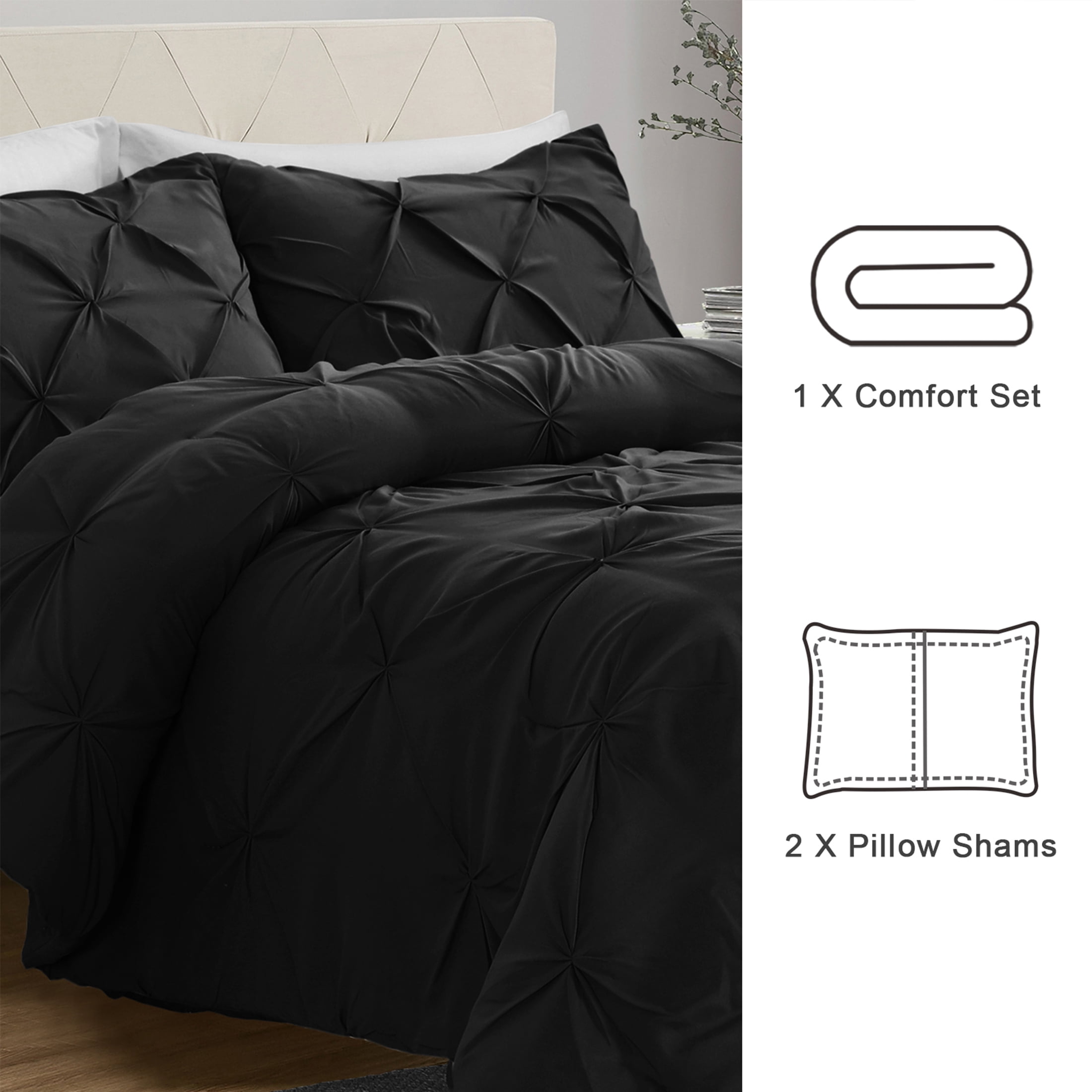 Bourina Comforter Set, 3-Piece, California King, Pleated Wrinkle-Resistant Microfiber Bedding, Black, All-Season