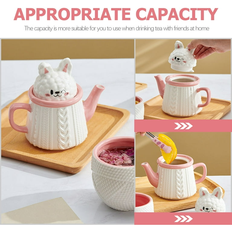 Ceramic Tea Pot with Infusers for Loose Tea -14 ounces Pink Rabbit Design  teapot set pink teapot (Pink teapot 1)