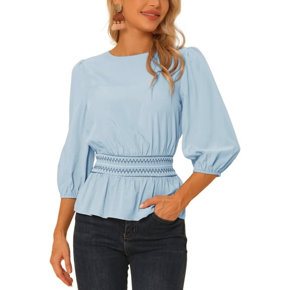 MODA NOVA Peplum Top for Juniors Puff Half Sleeve Smocked Waist Blouse