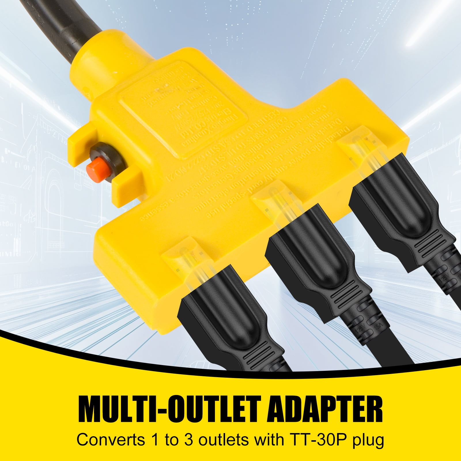 30 Amp to 110V RV Generator Distribution Adapter, 30 Amp to 15 Amp/20 Amp Adapter, NEMA TT-30P Male to 3x5-15R/20R Household Outlet Female, 1.5FT