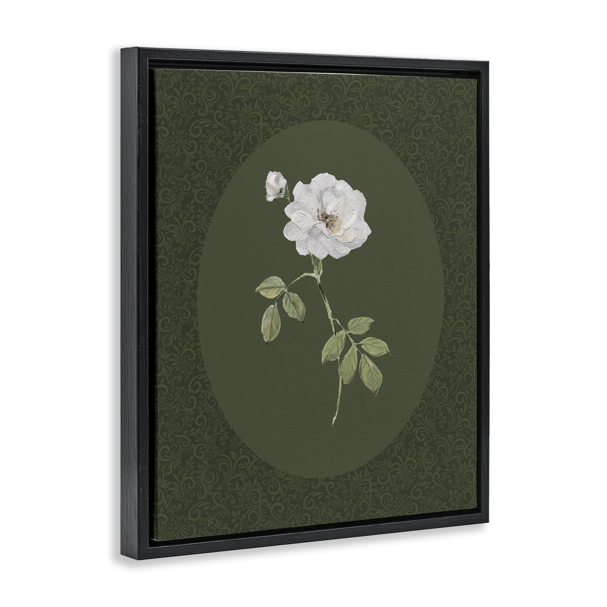Stupell Industries White Rose on Emerald Black Framed Floater Canvas Wall Art, design by Sally Swatland