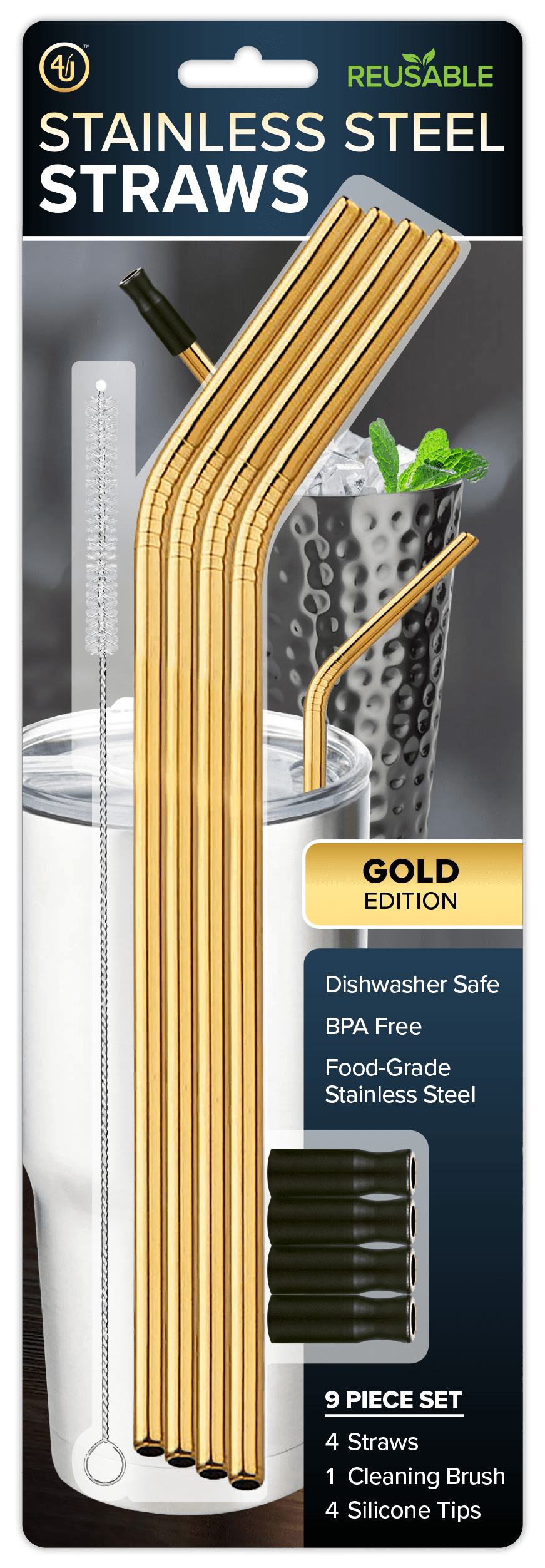 4th Utensil Stainless Steel Reusable Straw Set of 4 with 4 Removable