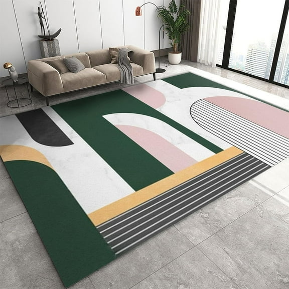 Vintage Green Pink Medieval Area Rugs, Nordic Geometric Bohemian Washable Rug, Soft Non-Slip Durable Low Pile Carpet for Living Room Bedroom Office Kitchen Entryway Hallway 2'x3'