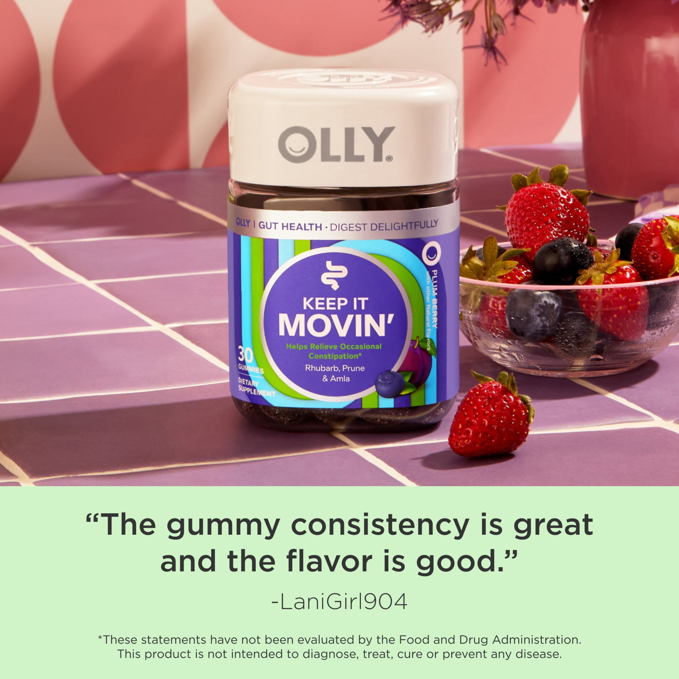 OLLY Keep it Movin, Occasional Constipation Gummy Supplement, Laxative Herb Rhubarb, 30 Count