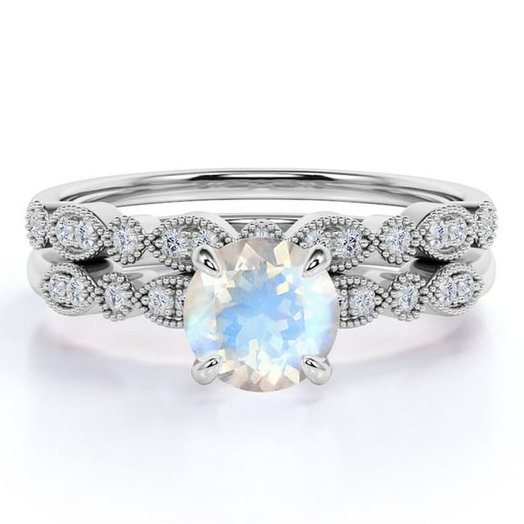 JeenMata 1.5 carat Round Faceted Blue Moonstone and Moissanite Vintage Bridal Ring Set in 18k White Gold over Silver