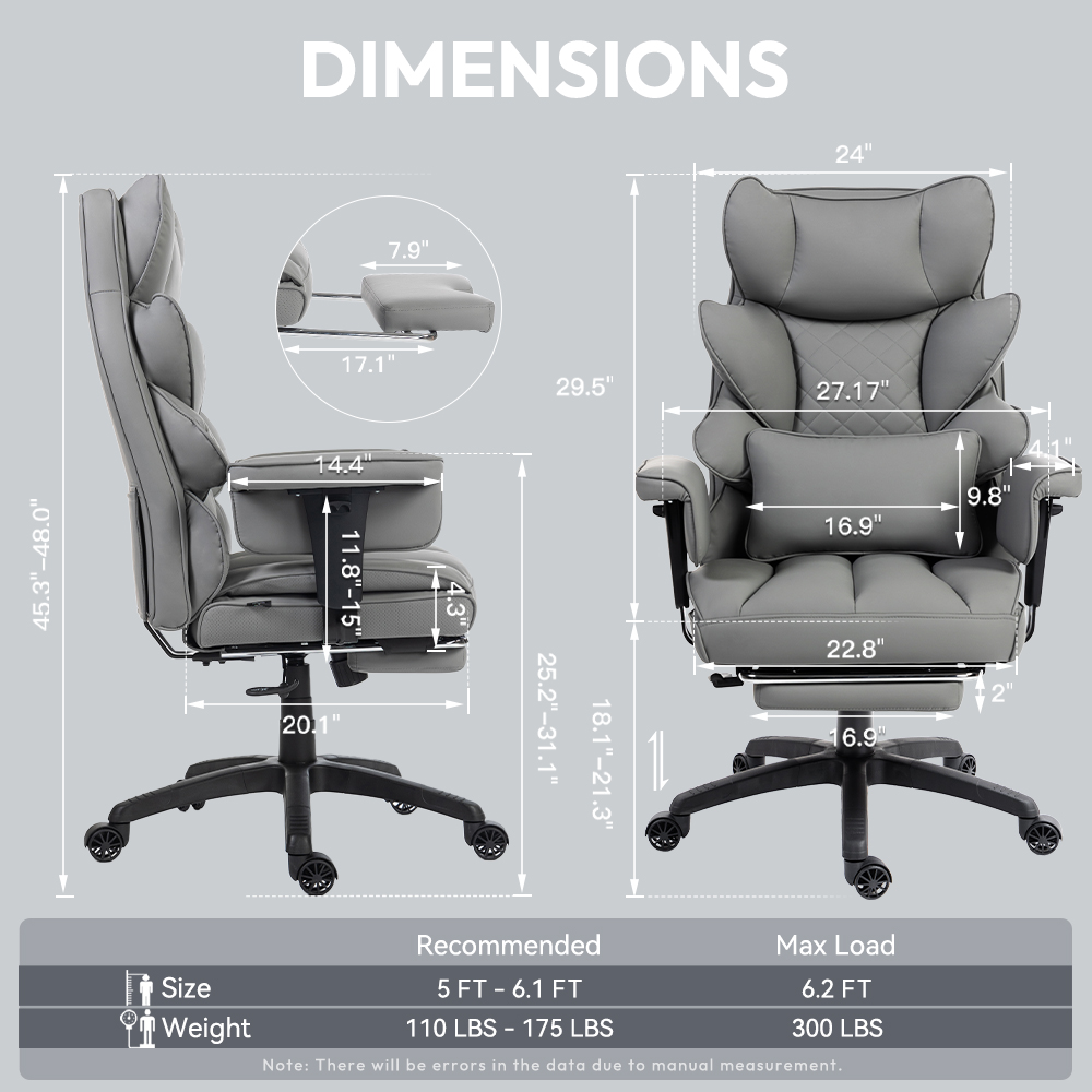 GOOSEA Office Chair Adult PU Leather High Back Indoor Commercial Adjustable Seat Height Executive Chairs Footrest, Gray