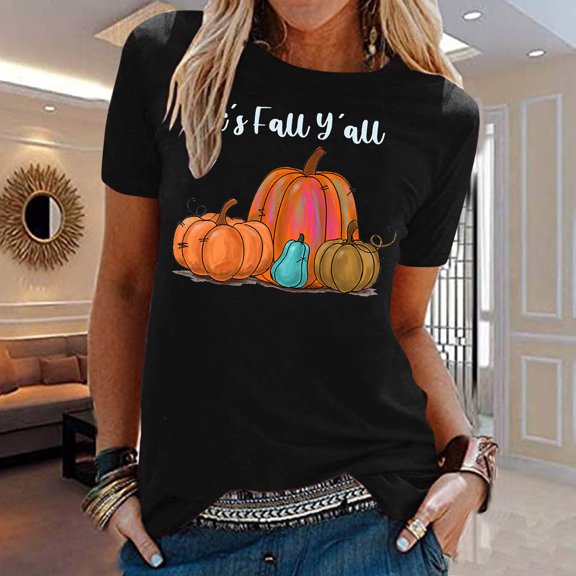 HIBRO Women Casual Fall Printing Short Sleeve Tops Blouse Round Neck Casual Tee Tunic Shirts