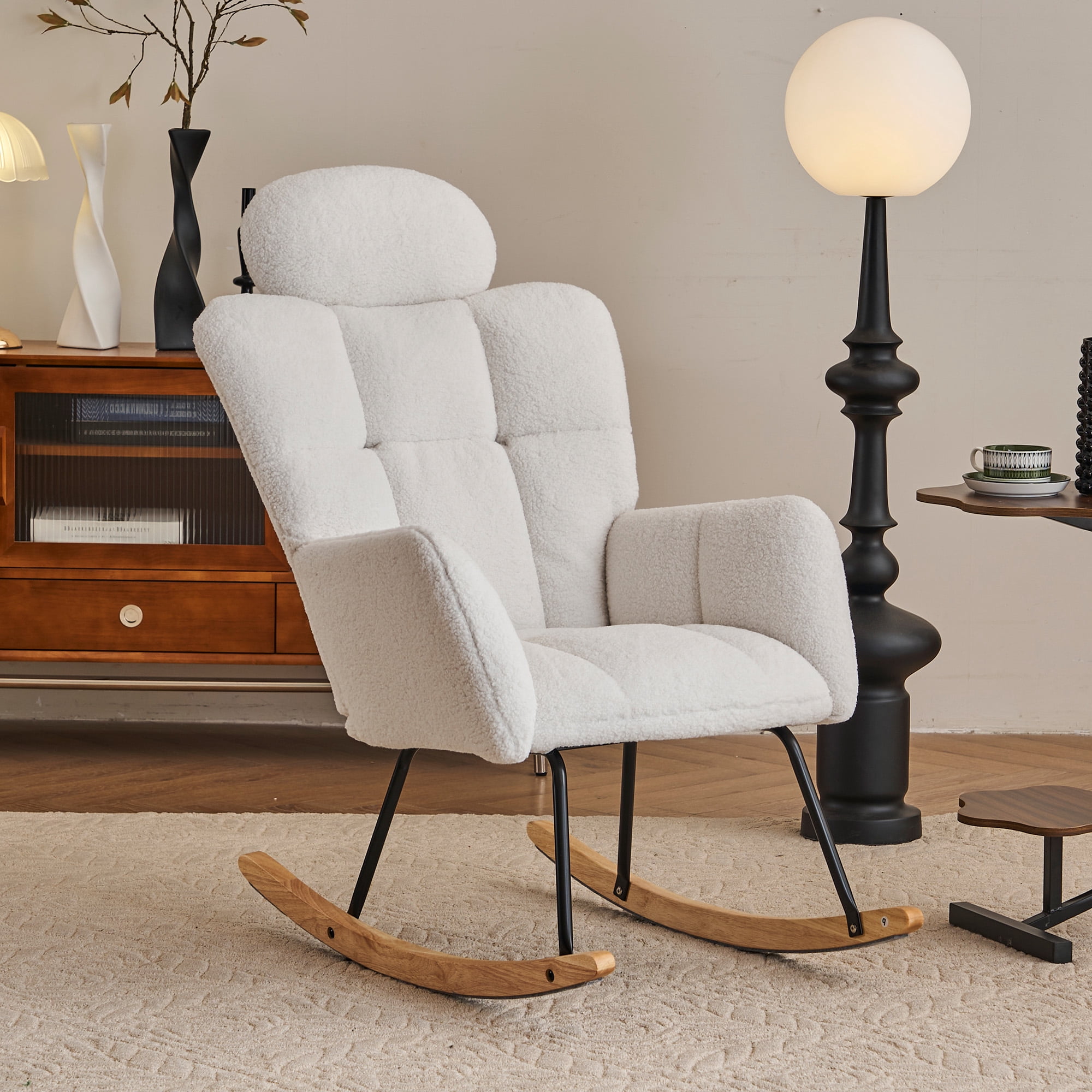Kojooin Rocking Chair, Modern Upholstered Rocking Armchair With Thick Headrest, High Backrest Accent Nursery Glider Rocker Chair For Bedroom Nursery Living Room