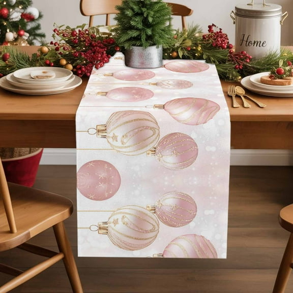 Table Runner 13x70in Inches Long, Hanging Christmas Balls Gold Edges on PinkLinen Washable Dresser Scarf Fantasy BackgroundKitchen Dinning Tablerunners for Holiday/Party/Wedding/Home Tables Decor