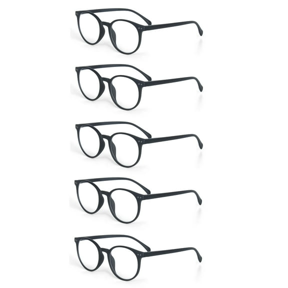 EYE ZOOM 5 Pack Retro Round Plastic Frame Reading Glasses for Men and Women, Black, 3.50