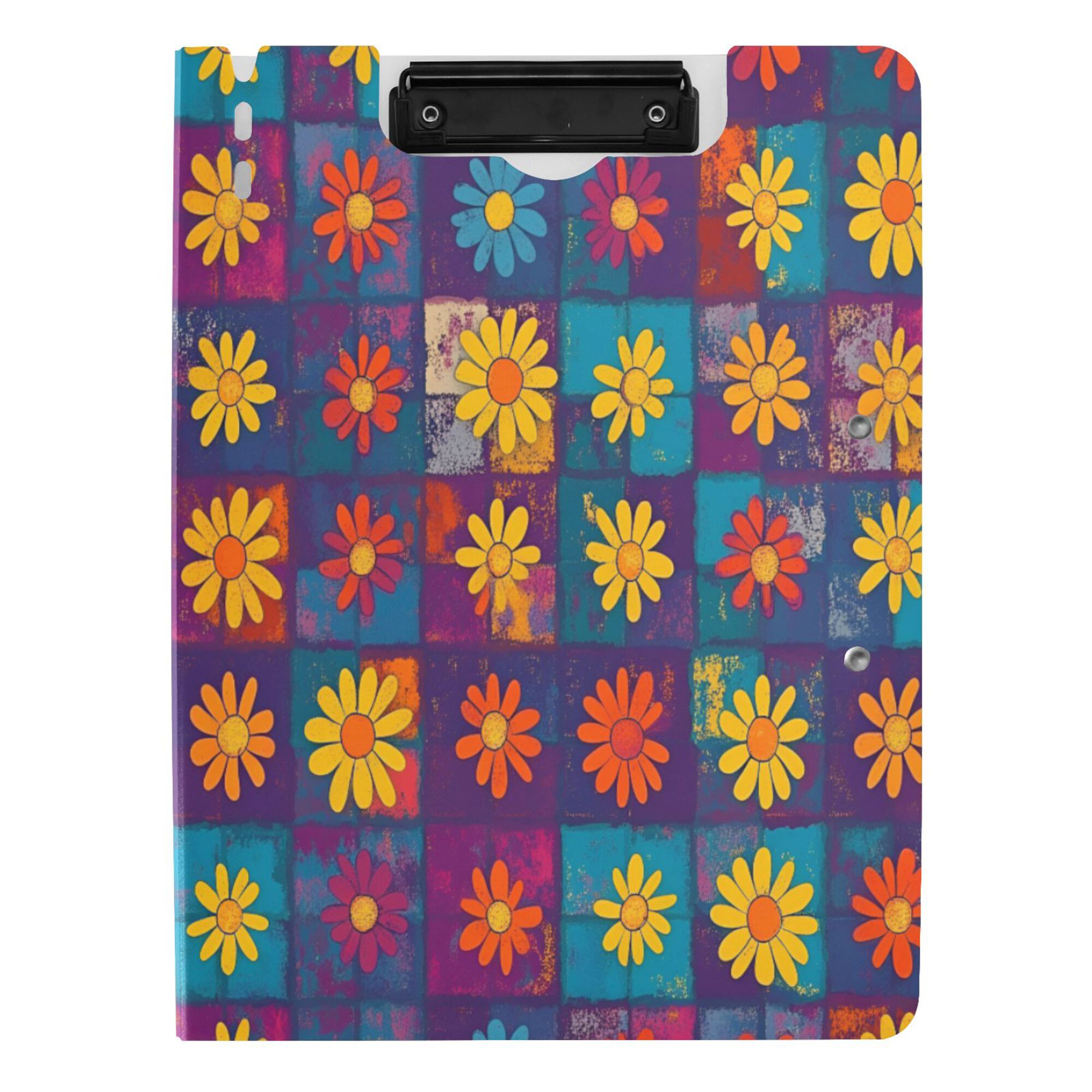 FORMRS A4 Clipboard Folder with Pen Holder Horizontal Foldable School Office Binder, Colorful Checkered Daisy